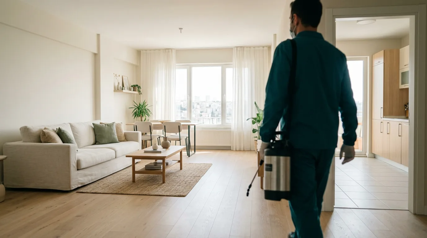Güneş ışığı alan temiz bir apartman dairesinde ilaçlama için çalışmaya hazırlanan üniformalı teknisyen.